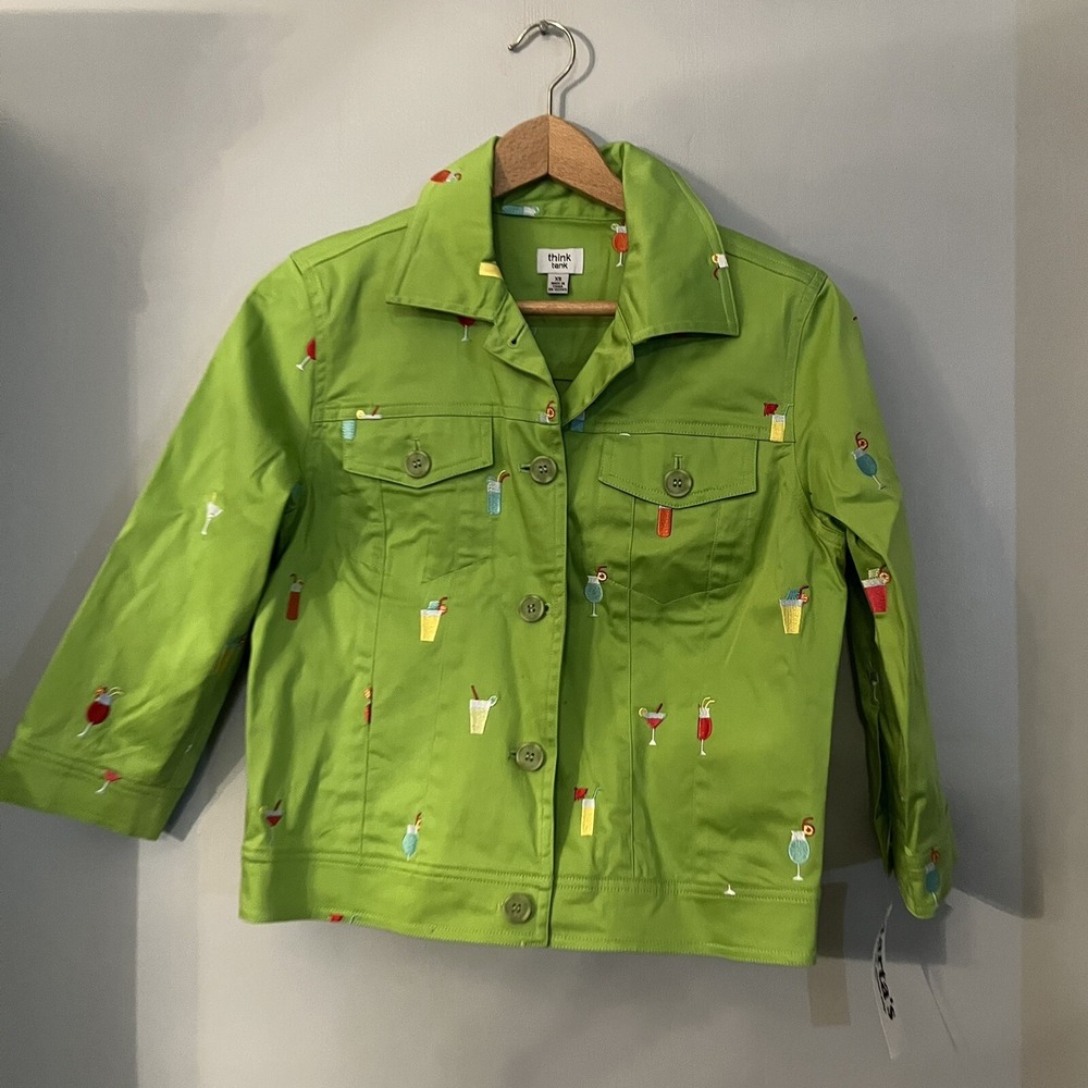 Think Tank Women's Button Down Jean Jacket‎ Size XS Lime Green Cocktail Vacation